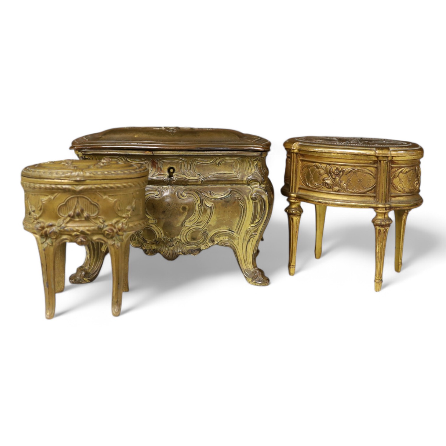 Three French gilt metal miniature novelty jewellery caskets modelled as various items of furniture, largest 14cm wide. Condition - fair to good